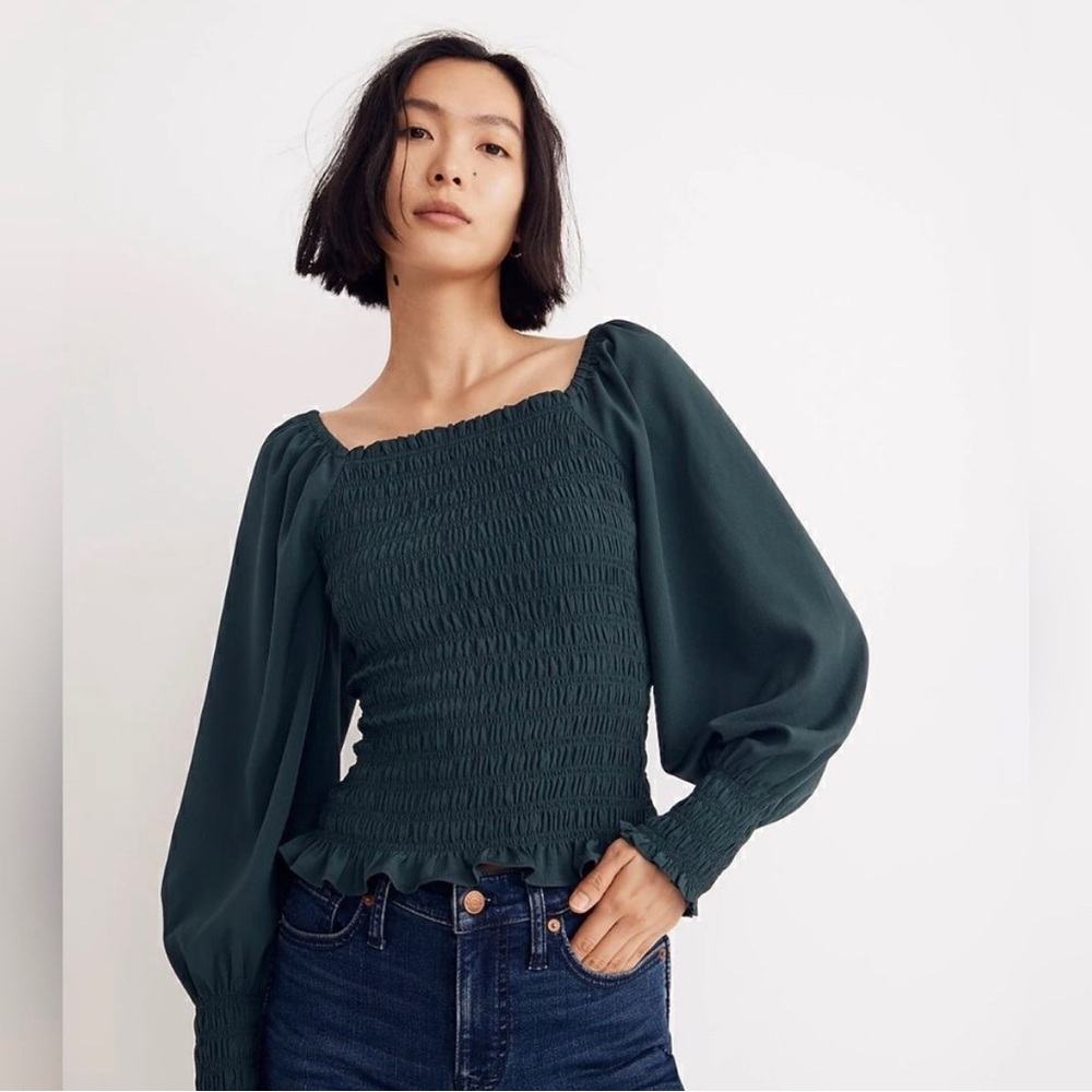 Madewell Elegant Green Smocked Top
